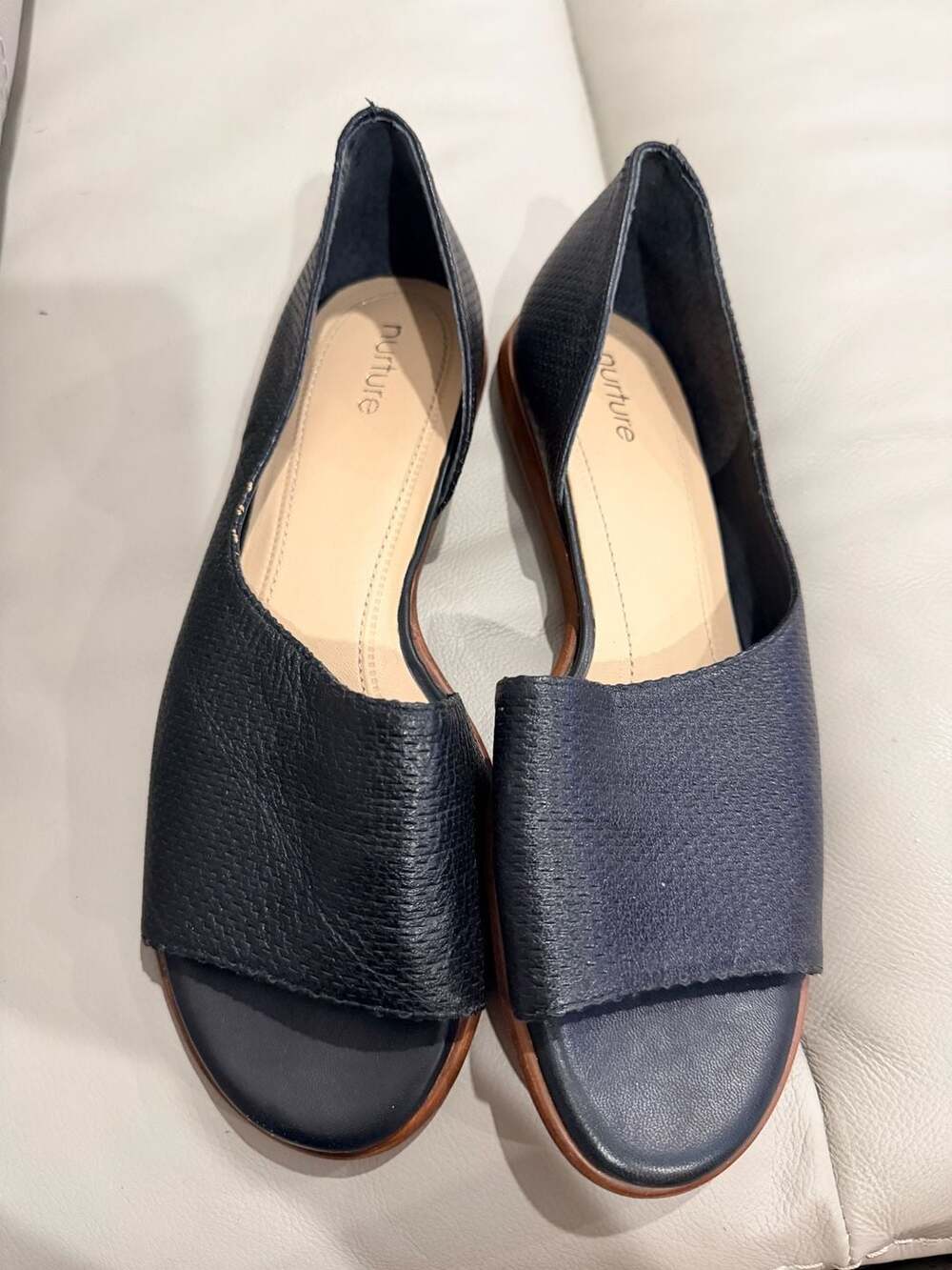 Nurture Black Leather Peep Toe Slide Sandals Size 9M